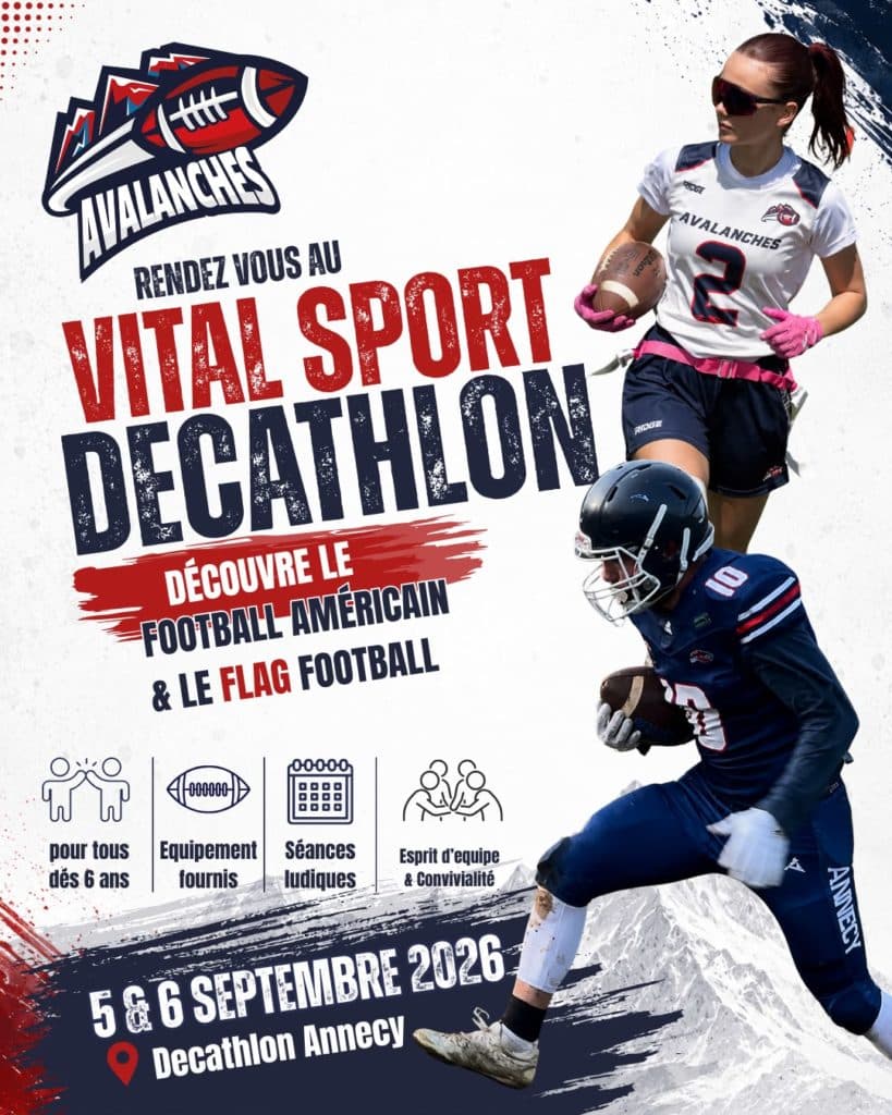 Affiche du Vitalsport Decathlon avec une joueuse de flag et un joueur équipé des Avalanches